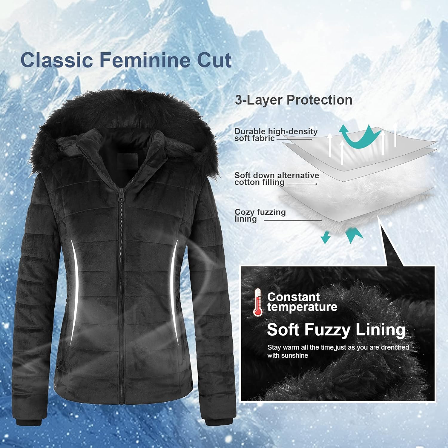 Chrisuno Women's Casual Short Winter Puffer Coat Soft Faux Fur Lining Lightweight Warm Jackets With Removable Hood - Image 4