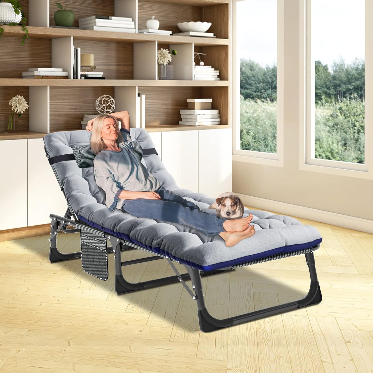 H&ZT Folding Patio Lounge Chair with Thick Padded Cushion, Adjustable Reclining Chaise Lounger with Headrest, Heavy Duty Outdoor Sunbathing Chair for Patio, Garden, Poolside, and Beach