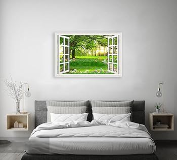 Amazon.co.jp: 窓のキャンバスの絵. 森の幻想的な窓の風景画
