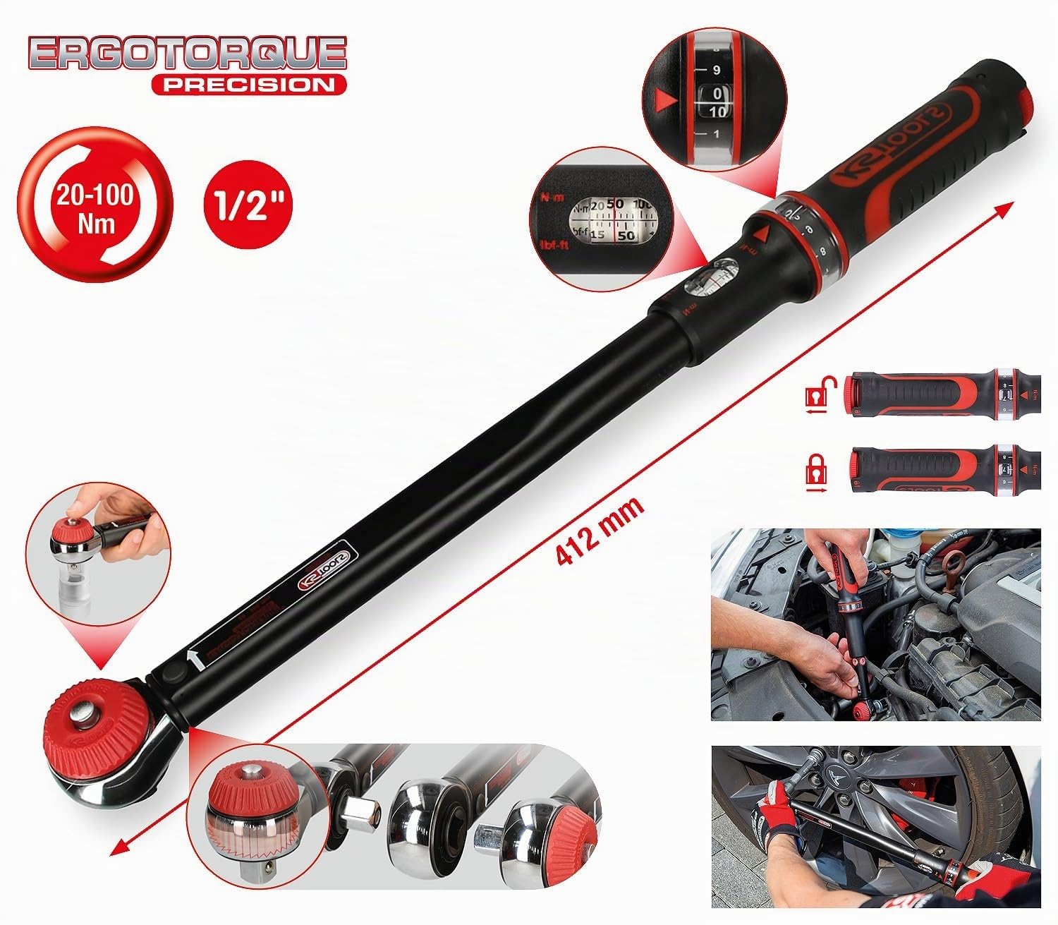KS Tools 516.1432 1/2"Chiave dinamometrica c.testa a cricco a quadro scorrevole ERGOprec,10-100Nm