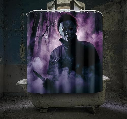 Miniatura 2 de Cortina de ducha de decoración de Halloween para Michael Myers mirándote desde el bosque, 72 x 72 pulgadas, con 10 ganchos de plástico, incluye