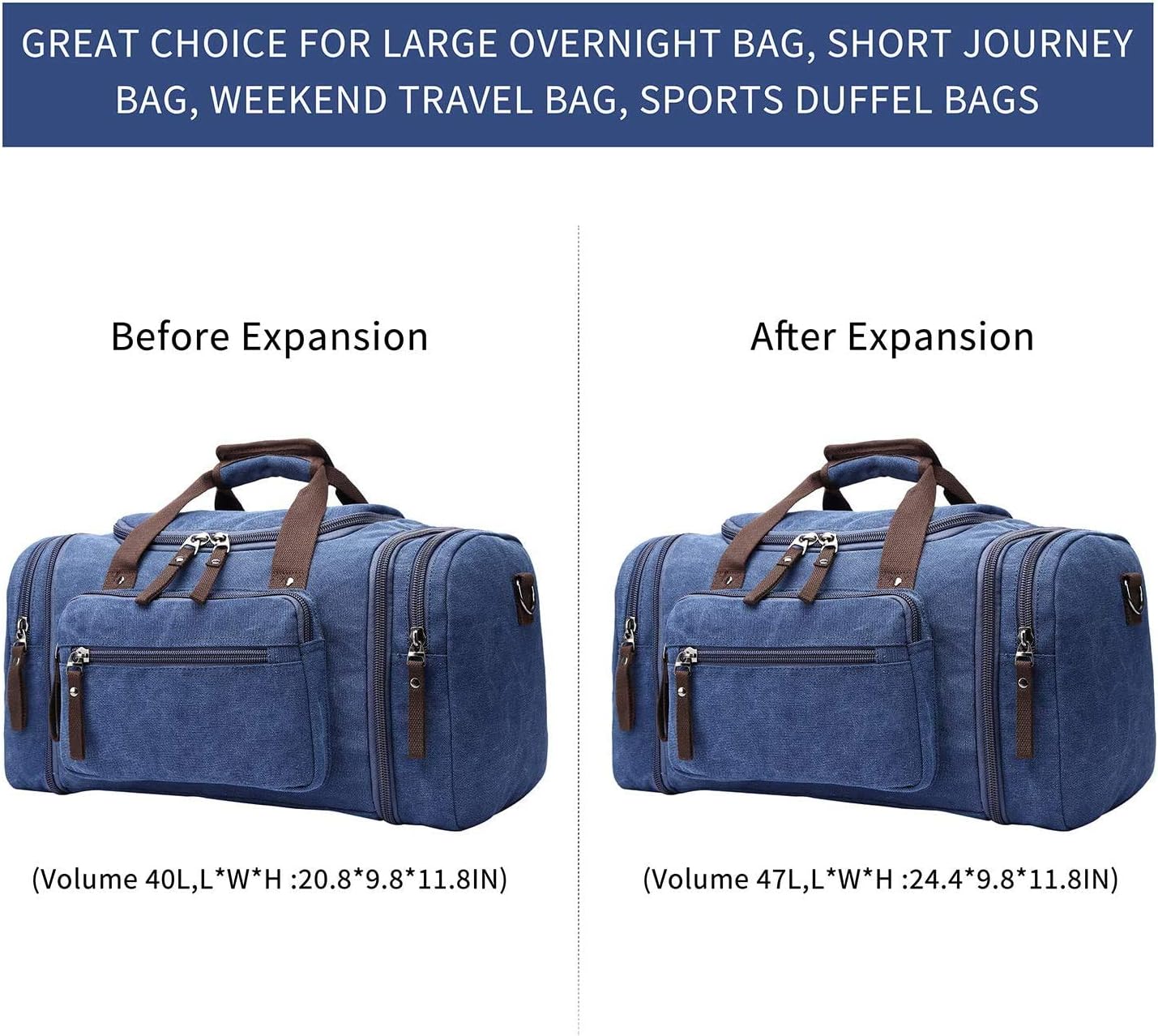 Duffle Bag for Travel Canvas Expandable Duffel Bag Weekend Bag Carry On Luggage Bag Travel Bags for Men Duffle Bags for Airplanes TELOSPORTS (BLUE)