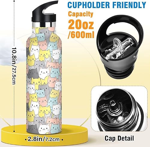 Miniatura 2 de Kids Water Bottle for School Leakproof Kids Insulated Water Bottle 20oz, BPA-Free, Cute Cats Colorful