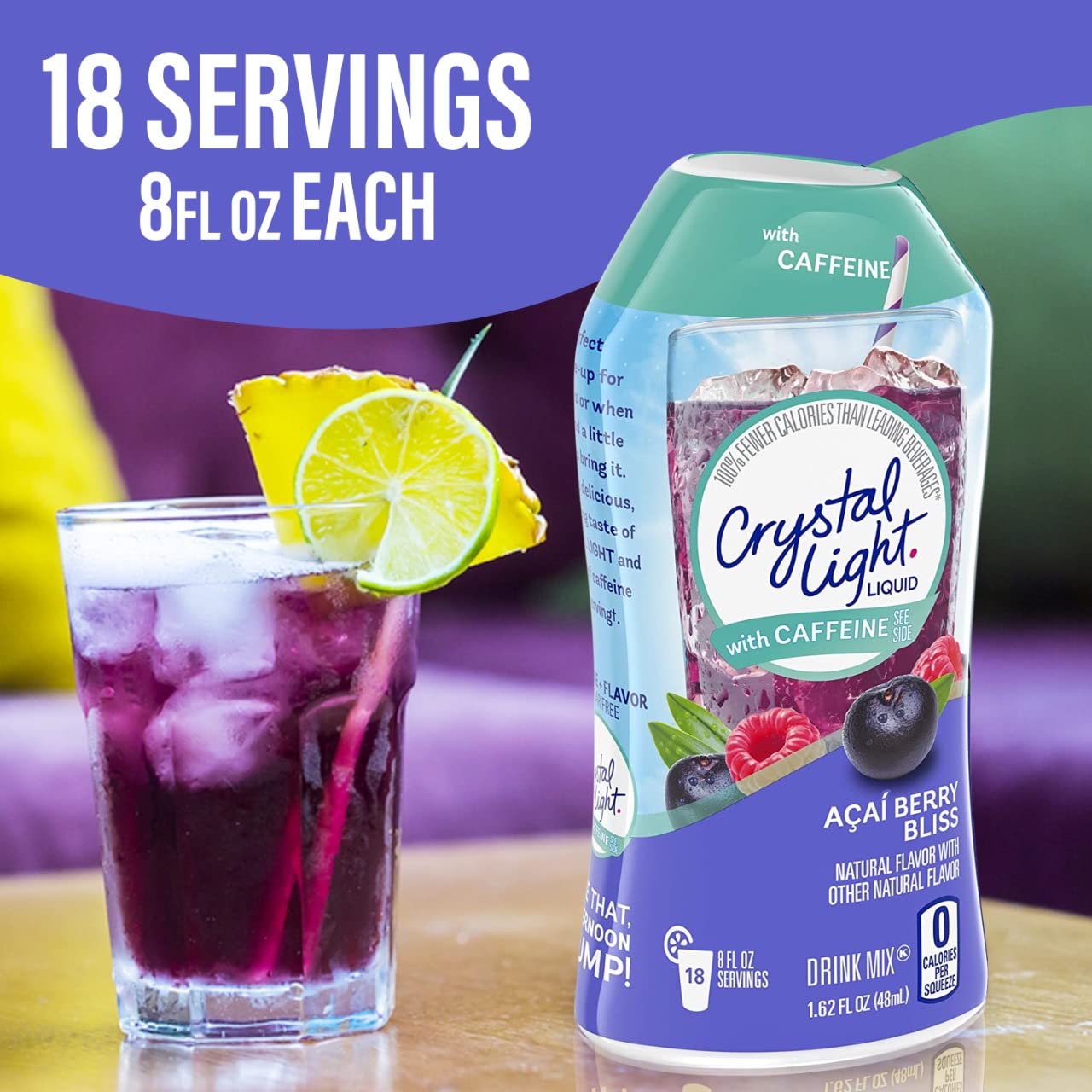 Crystal Light Liquid (2 Pack) Crystal Light Acai Berry Liquid Water Enhancer with Caffeine, Instant Naturally Flavored Drink Mix – On-The-Go Individual 1.6-Ounce Bottles – Zero Sugar and Zero Calories Per Serving - 18-8oz Servings Per Bottle