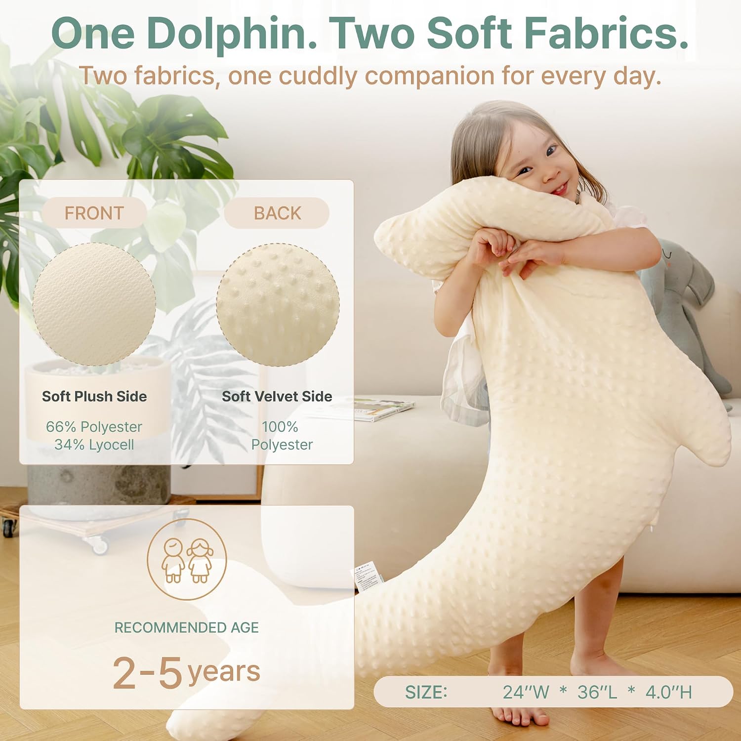 Velvet 36x24in Dolphin Toddler Plush Body Pillow, Hug & Cuddle, Ages 2-5 image 3