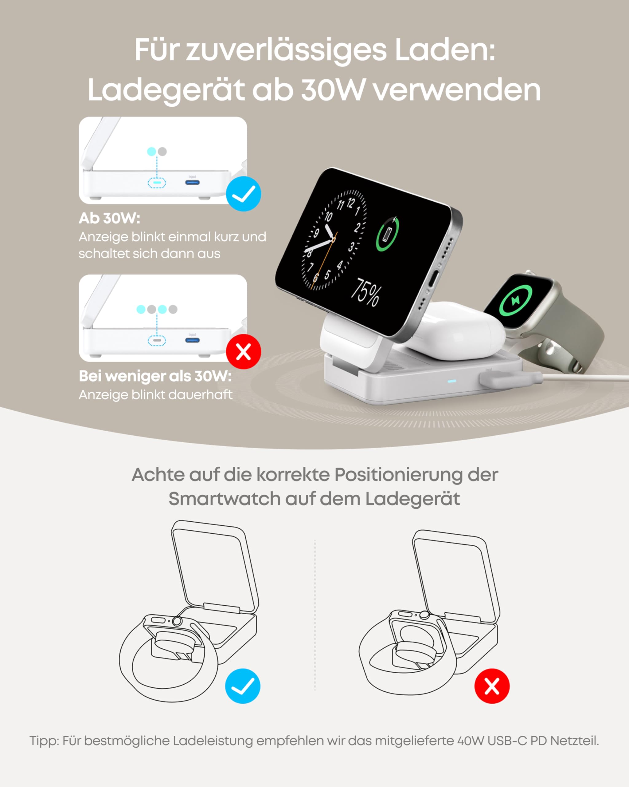 Anker MagGo 3-in-1 Ladestation, Qi2 zertifizierter 15W kabelloser Ladeständer, MagSafe kompatibel, Apple Watch Ladegerät, Für iPhone 17/16/15/14, AirPods, Apple Watch 9 (Mit 40W USB-C Netzteil)