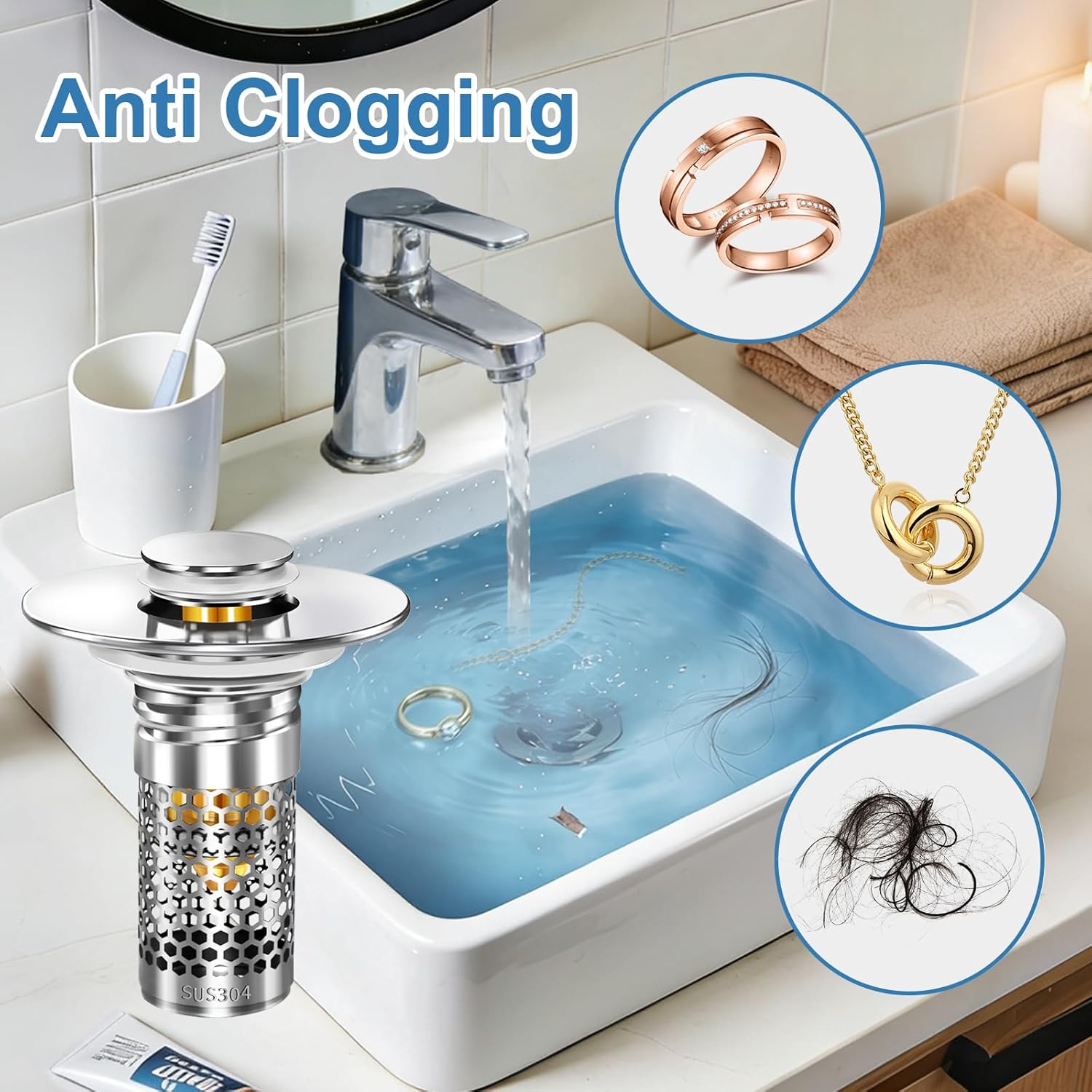 Bathroom Sink Stopper, Pop-up Bathroom Sink Drain Strainer Stopper with Removable Stainless Steel Strainer Filter Basket Hair Catcher, Sink Drain Stopper for Bathroom Sink Stopper Replacement (2PCS) - Image 5