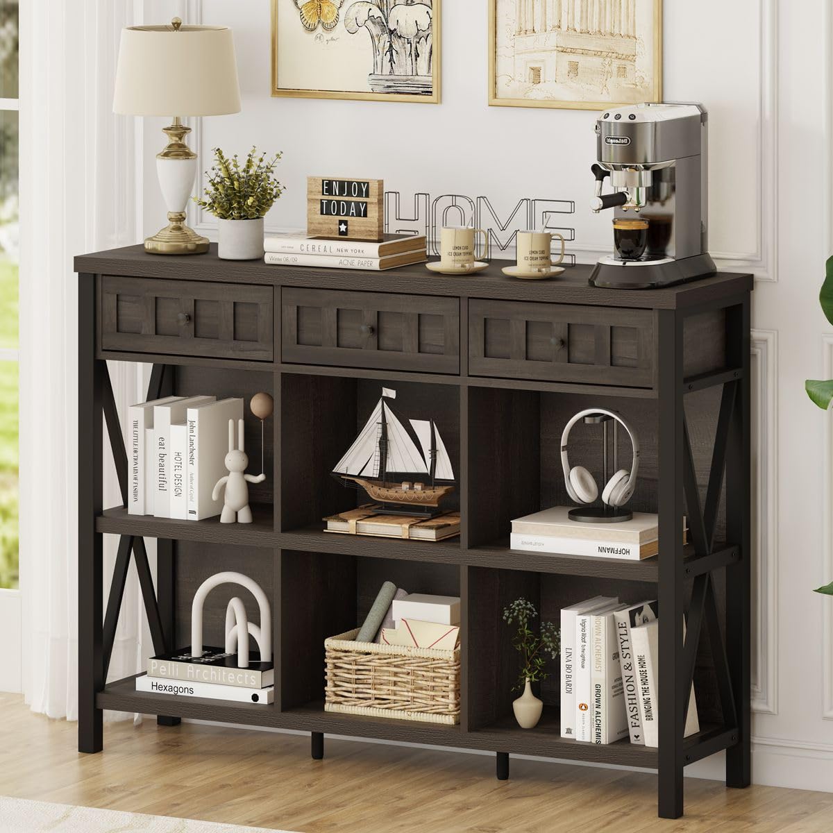 FATORRI Rustic 6 Cube Storage Organizer Bookshelf with 3 Drawers Short Low Horizontal Bookshelf for Living Room Industrial