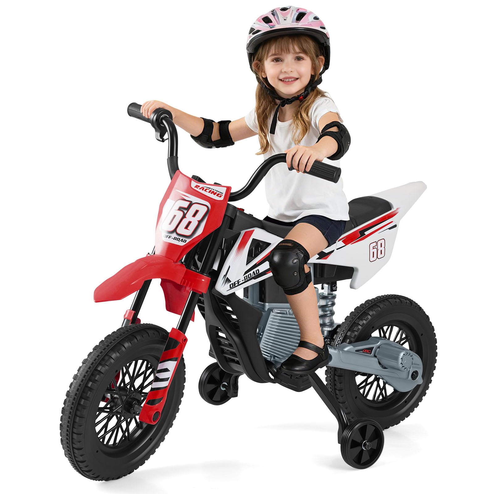 GOPLUS Moto Électrique Enfants 12 V avec Batterie,2 Roues Amovibles, Voiture Electrique Enfant avec Musique sans Fils, Amortissement, Charge 30 kg, 3-5 km/h, pour Enfants de 3-8 Ans (Rouge)