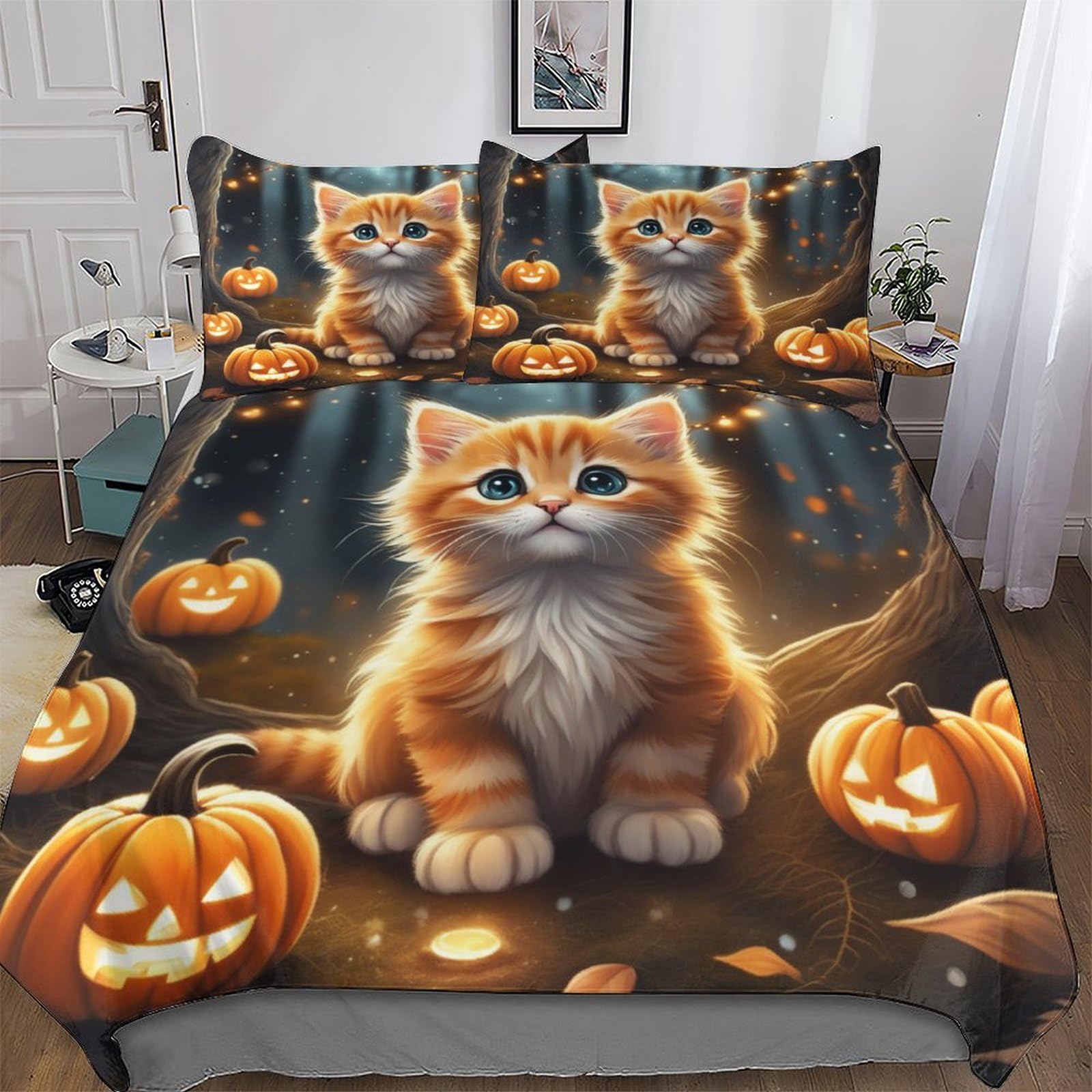 Cute Cat 3D Duvet Cover Bedding Set with Pillowcases Cosy Super Soft Bed Linen Quilt Cover 3 Pcs for Kids, Youth And Adult Brushed Microfiber Comforter Cover Double (200x200cm)