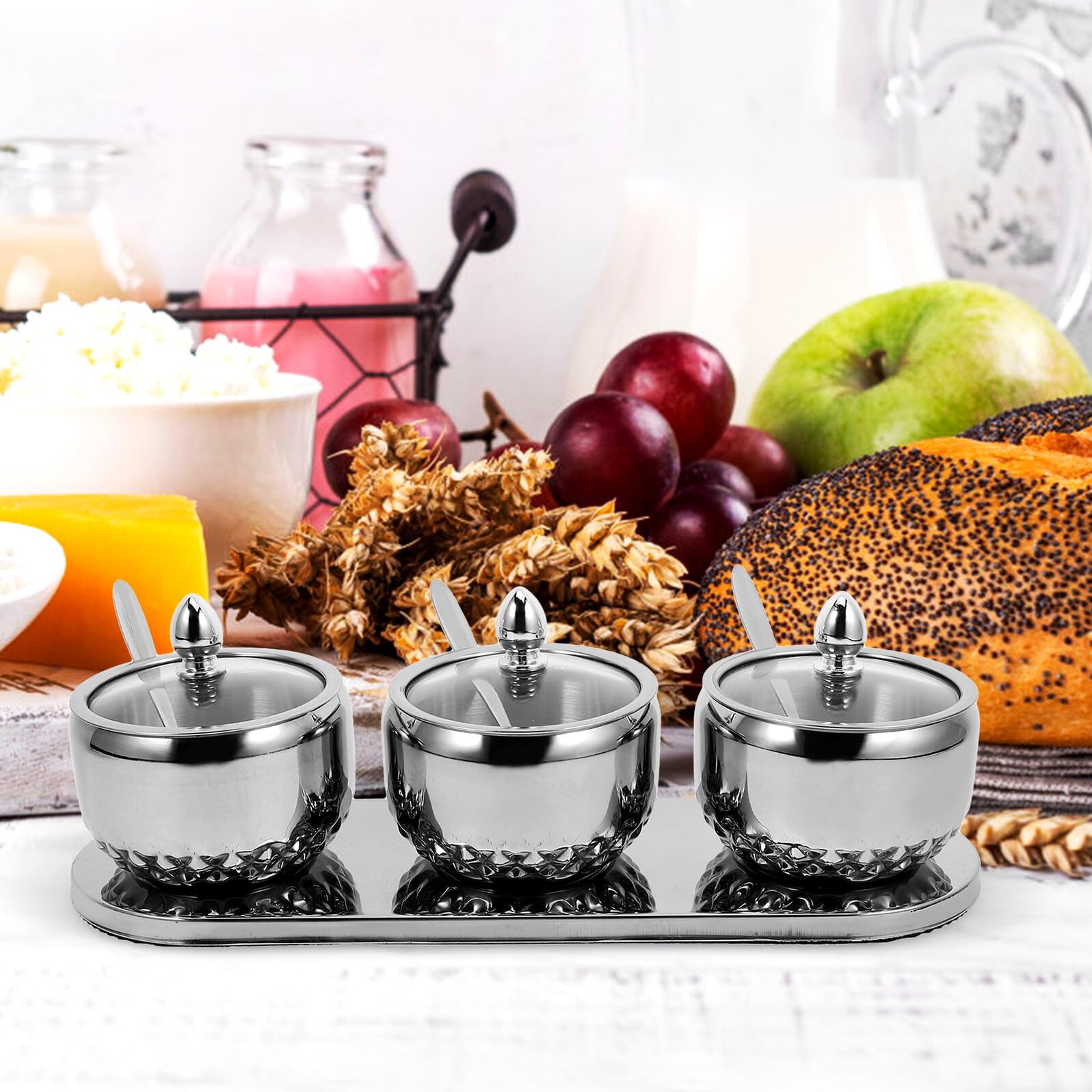 VILLCASE Edelstahl Gewürzglas mit Glasdeckel Löffel und Tablett Kompakte Gewürzbehälter für Küche Einfach zu Öffnen Langlebig und Übersichtlich für Salz Zucker Gewürze