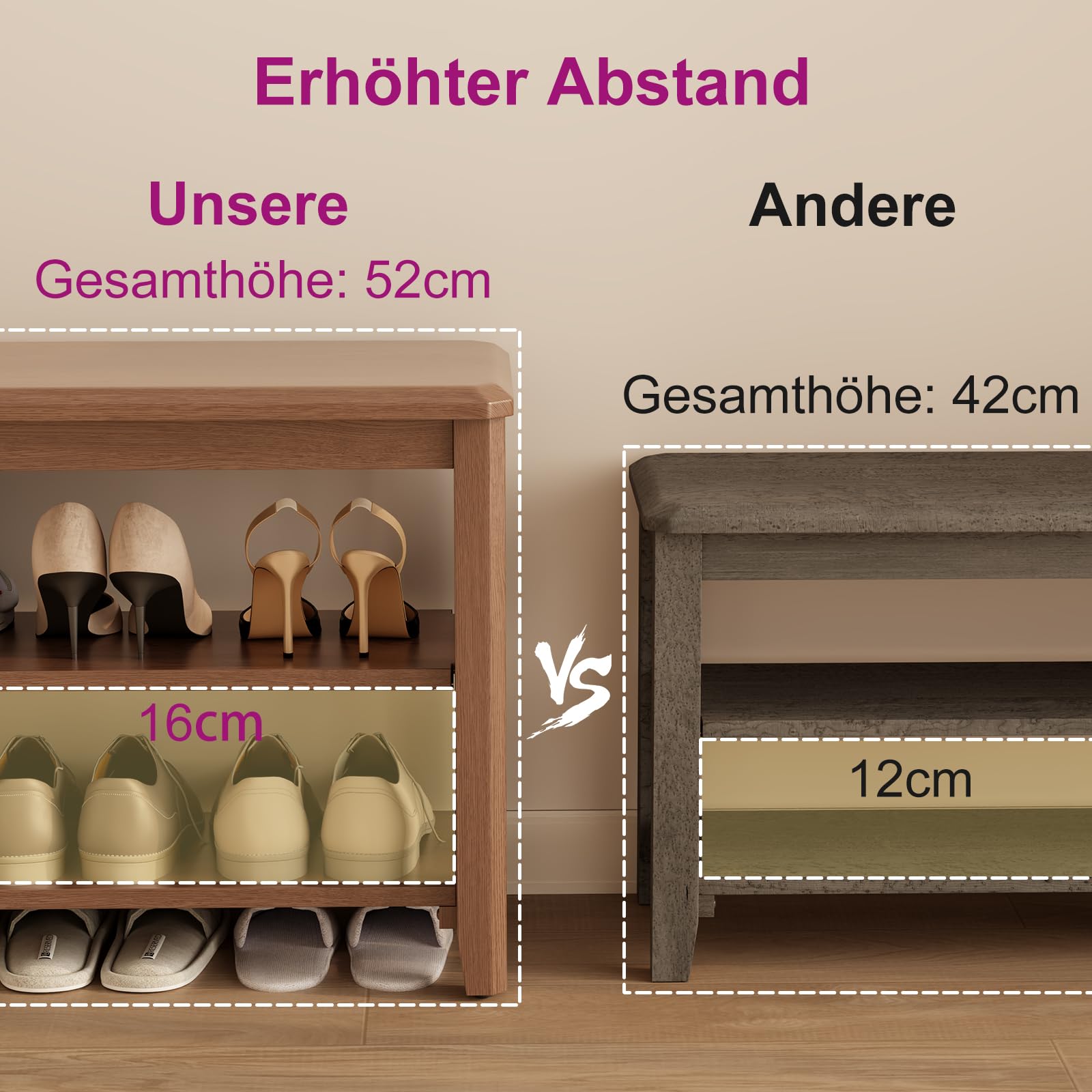 KASLANDI Schuhbank Holz, Schuhregal mit 2 Ebenen, Verstellbare Ablage, Schma und Platzsparend für Flur, Eingangsbereich, Wohnzimmer, Schlafzimmer,100 x 30 x 52 cm (Walnuss)