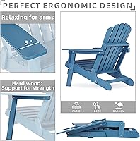 Vista 4 de Juego de 2 sillas Adirondack plegables de madera de gran tamaño para exteriores con otomana retráctil, respaldo y tabla de asiento premontados