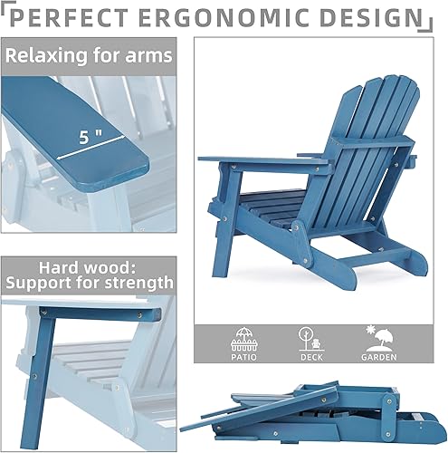 Miniatura 5 de Silla Adirondack plegable de madera de gran tamaño con otomana retráctil, silla de patio de madera con reposapiés para jardín, patio trasero,