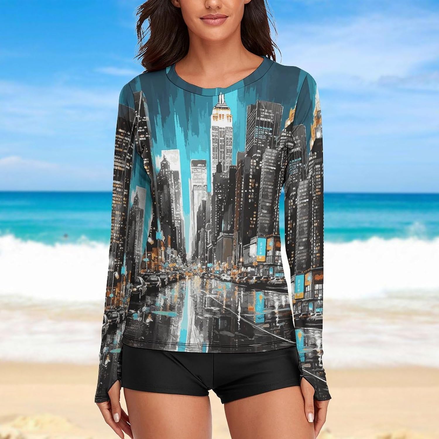 New York Paintings Rash Guard for Women Long Sleeve Swimsuits Sun Protection Sun Shirt Swim Shirts Hiking Tops