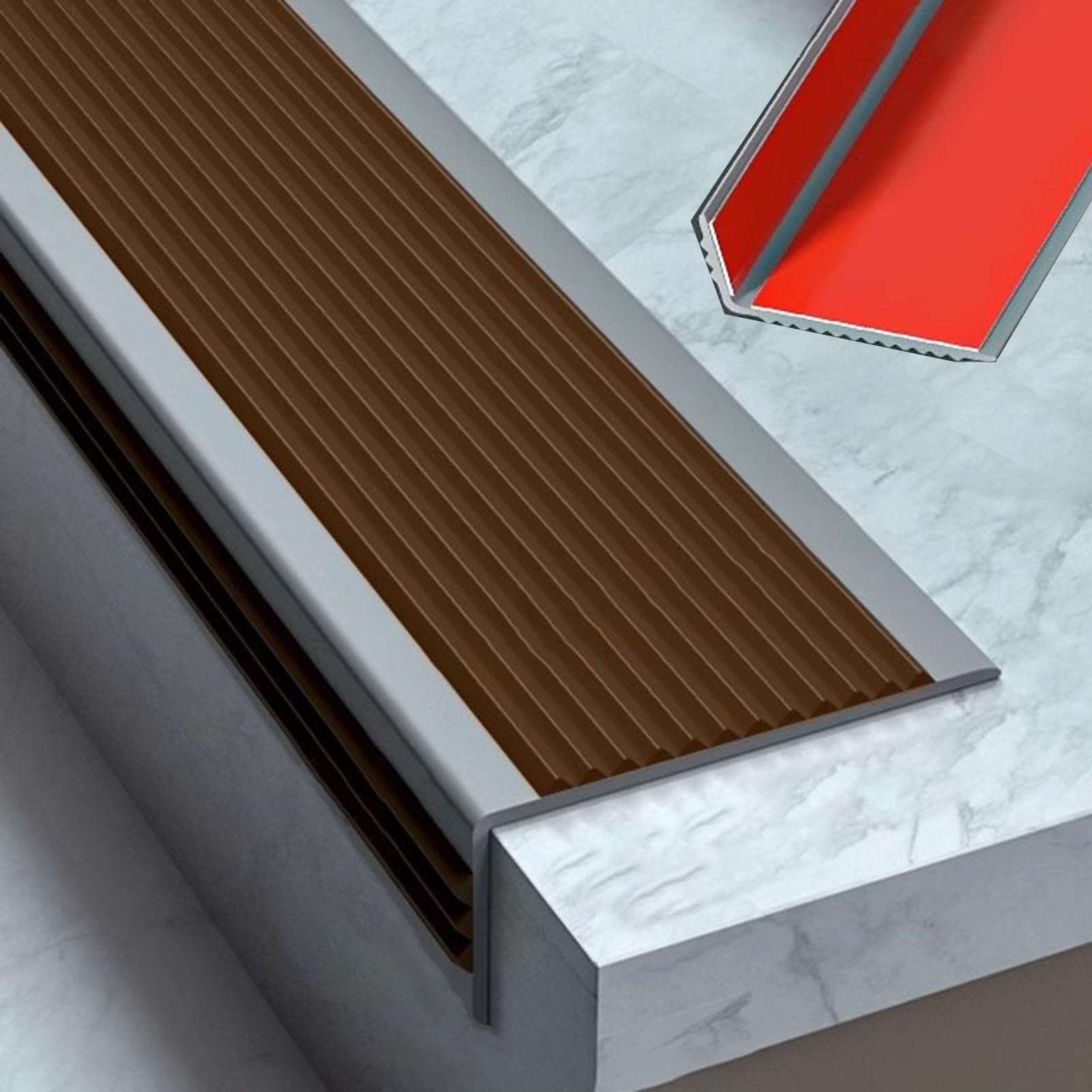 Vibeo Barre de Seuil Autocollant Nez de Marche, PVC Antidérapant Bande de Transition pour Marches D'escalier, Carrelage/stratifié/marbre Protection de Marches Extérieur(Brown,30m (98.4ft))