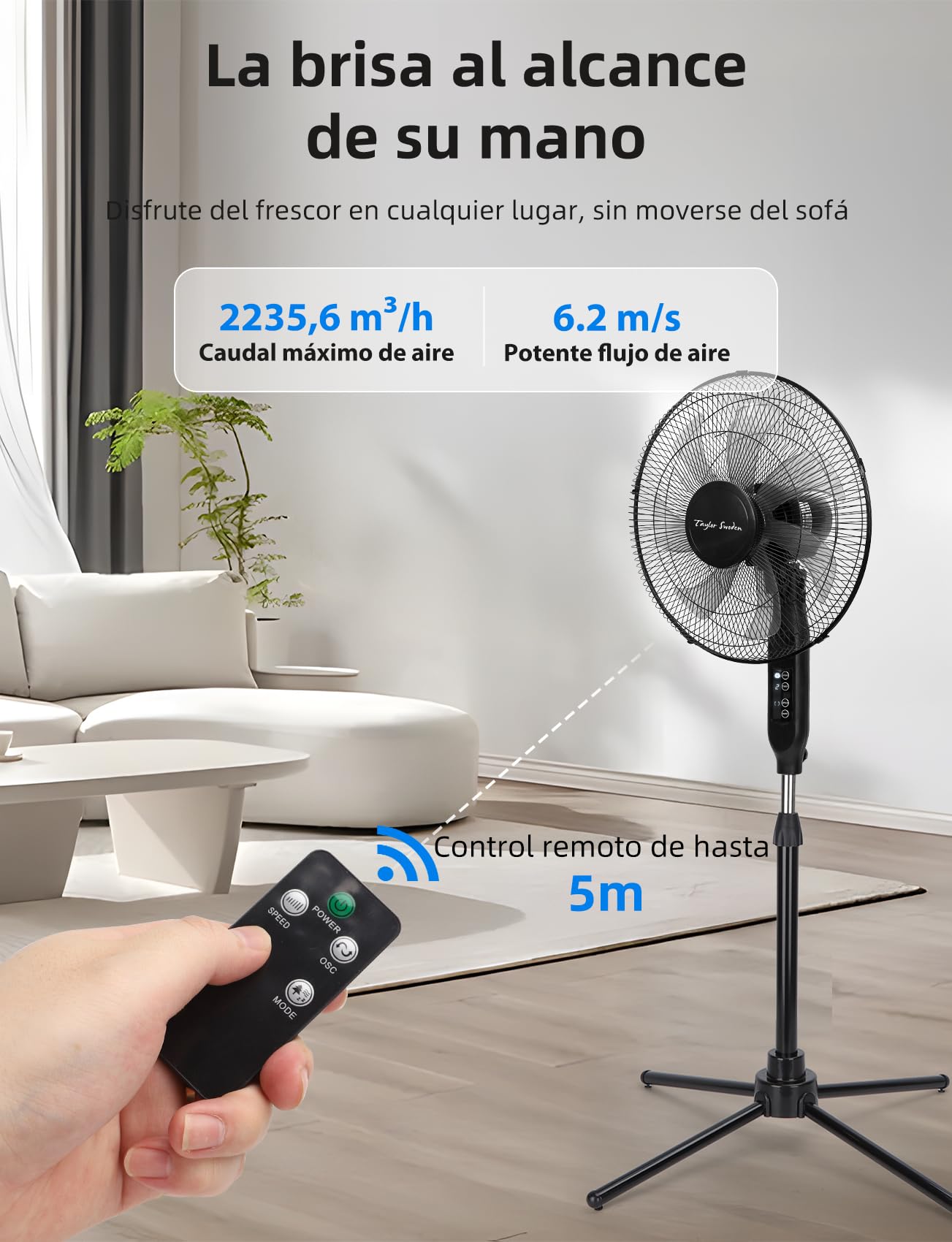 Taylor Swoden Ventilador de pie con Mando, 7 Aspas. Potente y Silencioso, pantalla LED, temporizador 9H, 3 velocidades y 3 modos (Normal/Natural/Sleep), Oscilación de 70°, altura regulable, Ø 43 cm