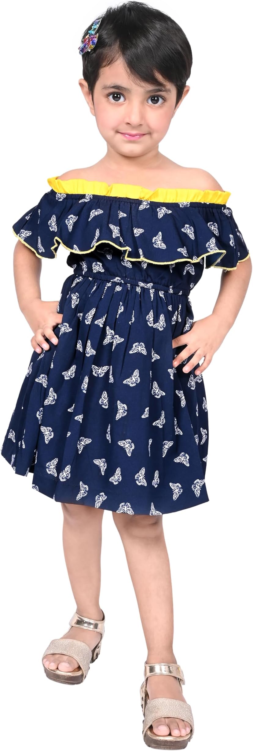 Kids Dark Blue Printed Frock Off Shoulder Design Dress for Kids (Girls)