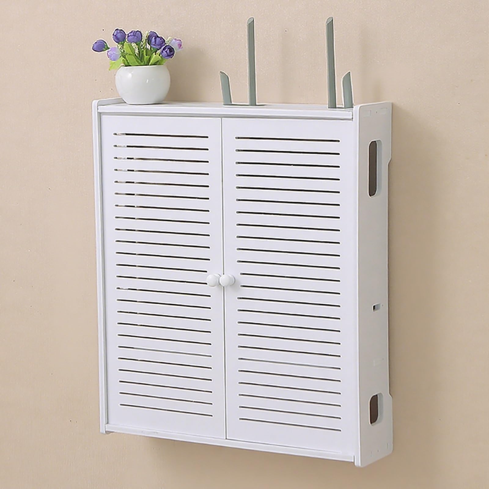 MESCXTY Wall Mounted WiFi Storage Box Hider,Router Shelter Box,Modem Cable Router Cover,Double-Deck Shelf,PVC Breathable Grid Organizer for Modem,for Home Office Use(45x10.5x52cm/17.7x4.1x20.5in)