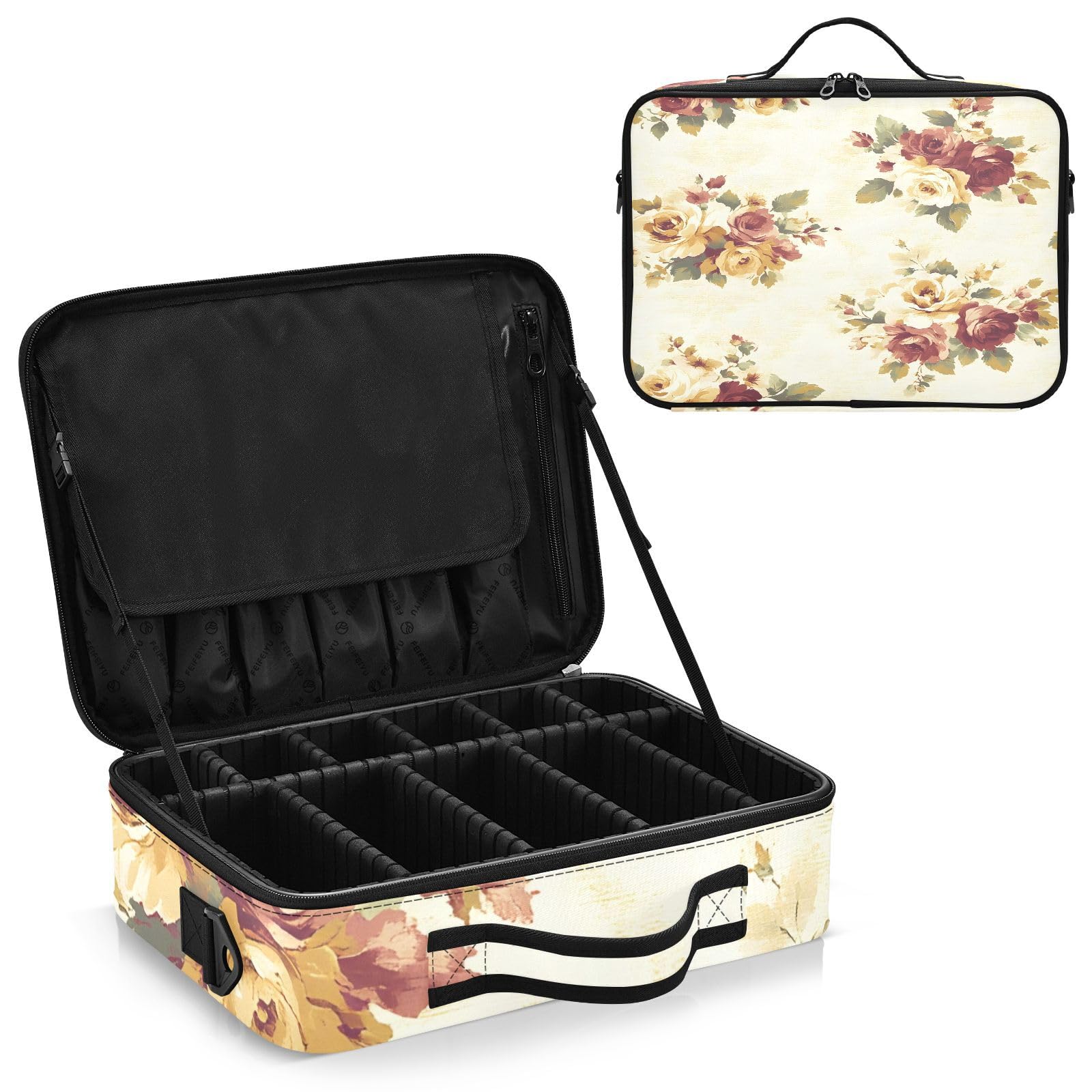 zyrtty Travel Makeup Train Case Yellow Flower Rose Pattern Cosmetic Organizer Portable Storage Bag with Adjustable Dividers for Cosmetics Brushes Toiletry Jewelry Digital Accessories