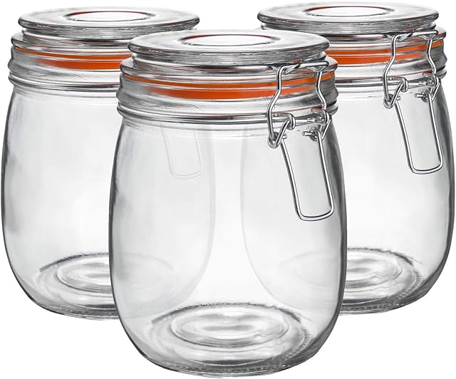 6X 750ml (0.75 Litre) Clear Glass Storage Jars with Orange Airtight Silicone Seal and Metal Clip Lids - 26.4oz Empty Kitchen Food Containers - by Argon Tableware