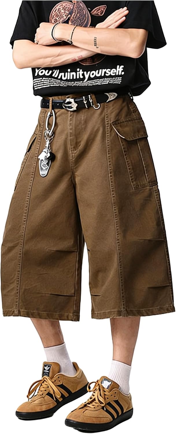 Men's Baggy Cargo Capri Shorts Wide Leg Elastic Waist Below Knee Casual Y2K Hip Hop Streetwear Long Short with Pockets