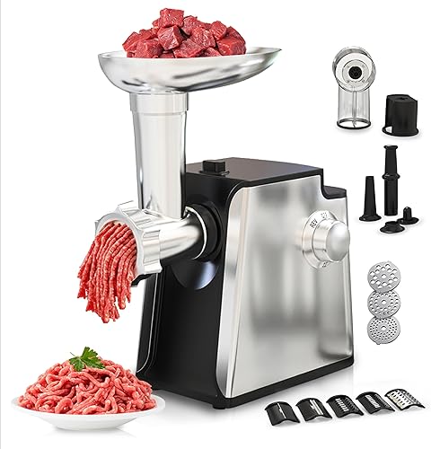 Picadora eléctrica de carne de 2800 W, máquina de relleno de salchichas, trituradora de verduras 4 en 1 con 3 rebanadas, cuchillas trituradoras, 5