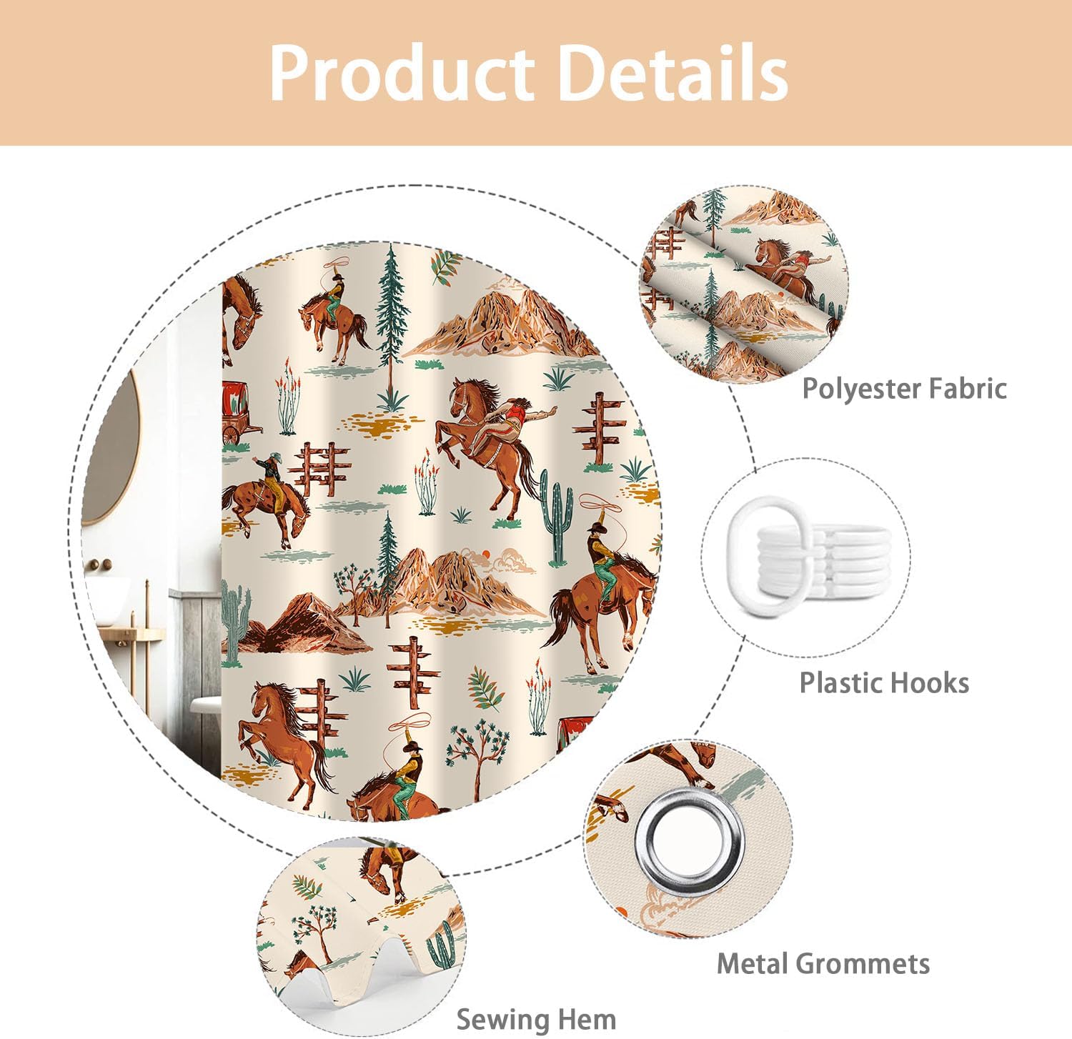 Western Cowboy Shower Curtain, West American Mountain Desert Cactus Farmhouse Horse Bathroom Curtains Decor Set, Fabric Waterproof Bath Curtain with 12 Hooks, 72x84 Inch