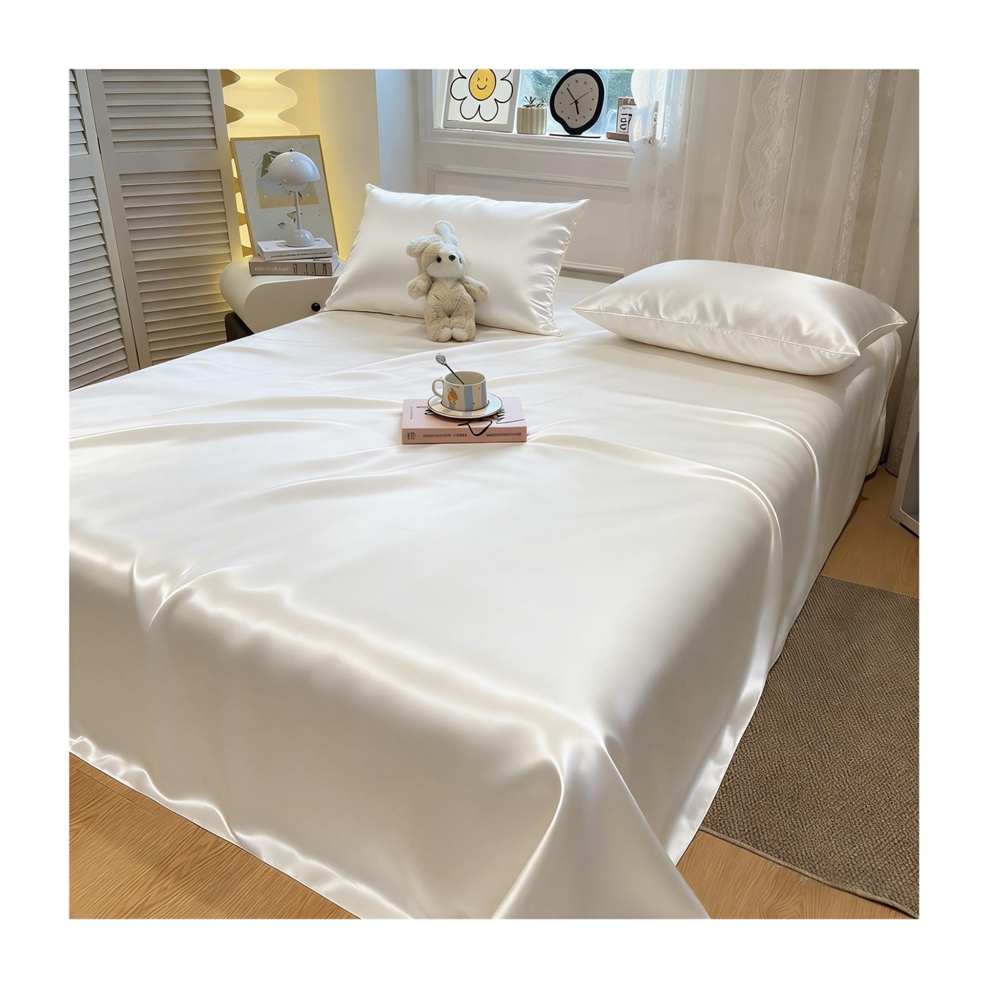 GBHMJU Satin Flat Sheet Twin Queen King Hotel Luxury Silky Flat Bed Sheet Extra Soft Silky Satin Flat Sheet/Top Sheet(White,230x250cm)