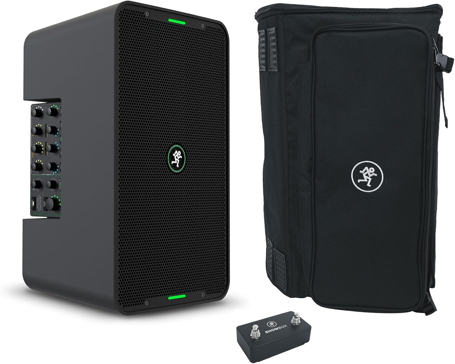 Audiosavings Bundle: (1) Mackie ShowBox Rechargeable 8" DJ PA Bluetooth Speaker+Mixer Recording Interface Bundle with (1) Mackie ShowBox Gig Bag Carry Case Backpack & Two-Button Footswitch (3 Items)