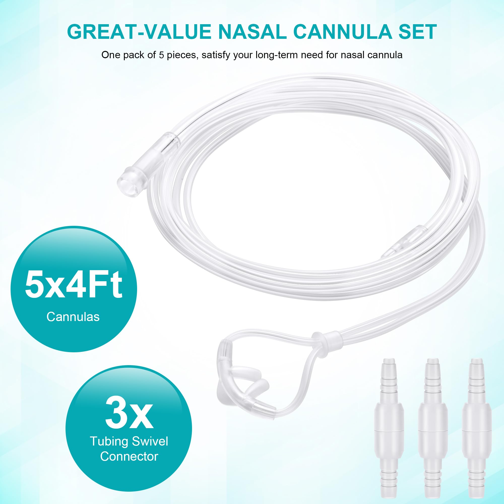 5 Pack Cannula Nasal 4 FT Super Soft Nasal Cannula Tubing for Oxygen Nose Tubing - High Flow, Kink Resistant, Highly Visible, Lightweight Tubing with 3 Pack Oxygen Tubing Connector