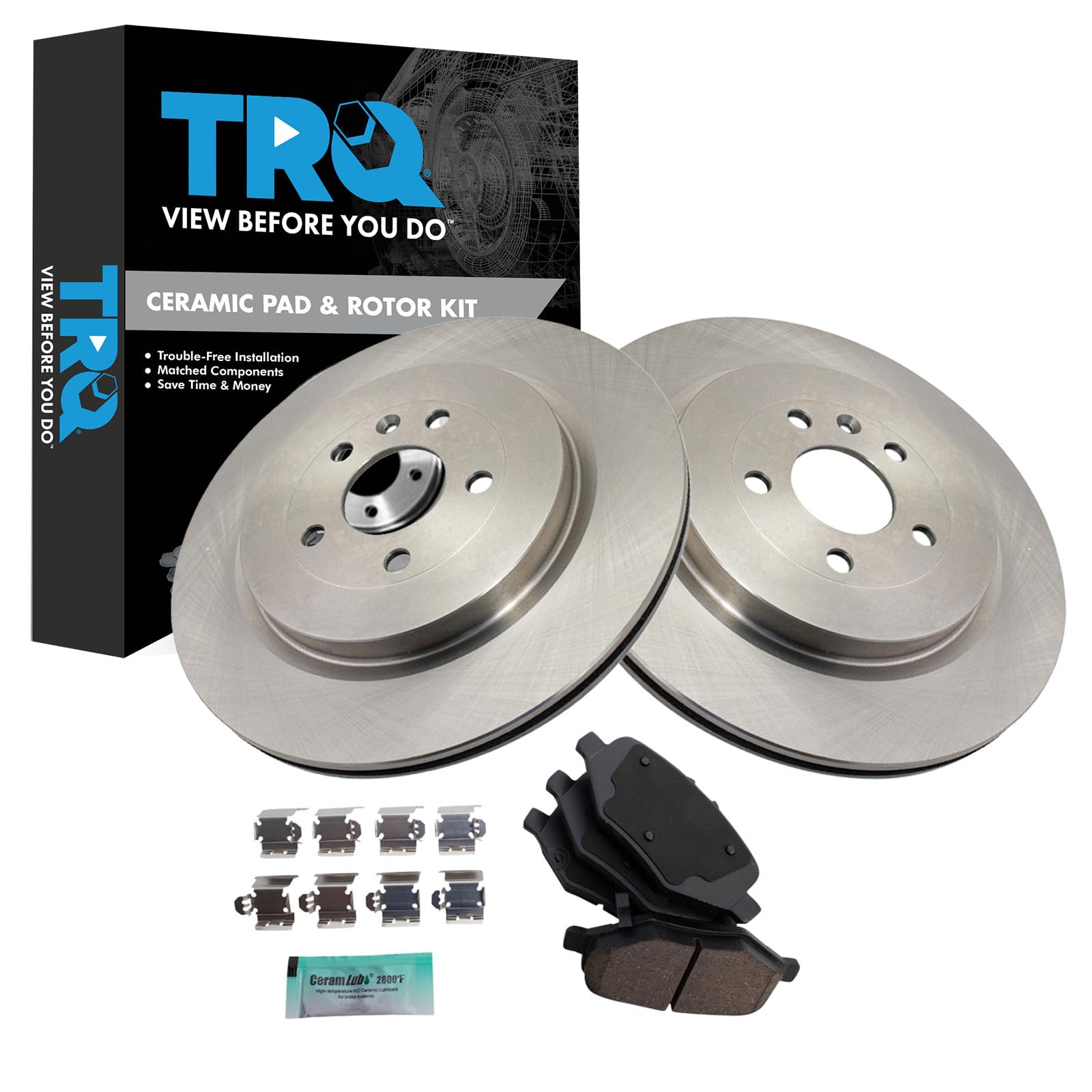 TRQ Rear Brake Pad &amp; Rotor Set Ceramic Compatible with 2013-2014 Ford Explorer Flex Lincoln MKT 2013-2019 Police Interceptor Sedan 2013-2018 Interceptor Utility 2014-2018 Police Sedan Taurus 2012 MKS