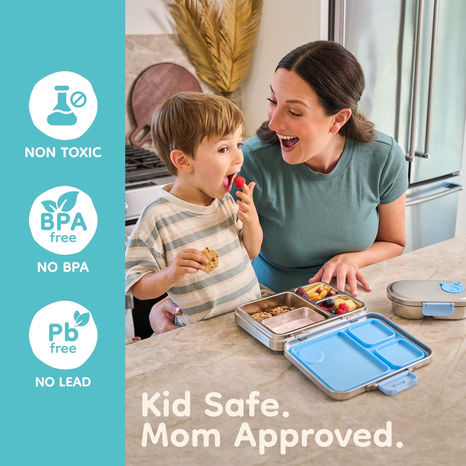 Good Bare Stainless Steel Snack Container for Kids – 2 Compartment Metal Bento Box, Leakproof, Non-Toxic, Easy-Open Latch, Dishwasher Safe, Small Snack Pack, Perfect for On-the-Go (Sky Blue)