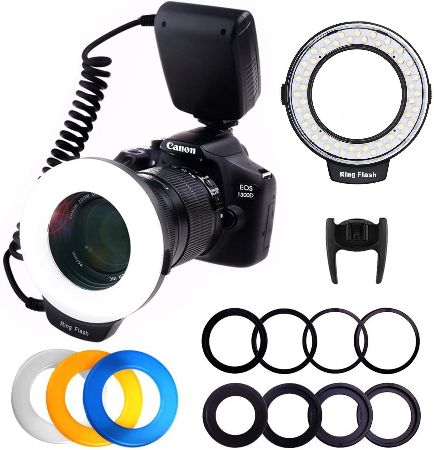Flash Light with LCD Display Adapter Rings and Flash Diff-Users for Canon Nikon and Other DSLR Cameras