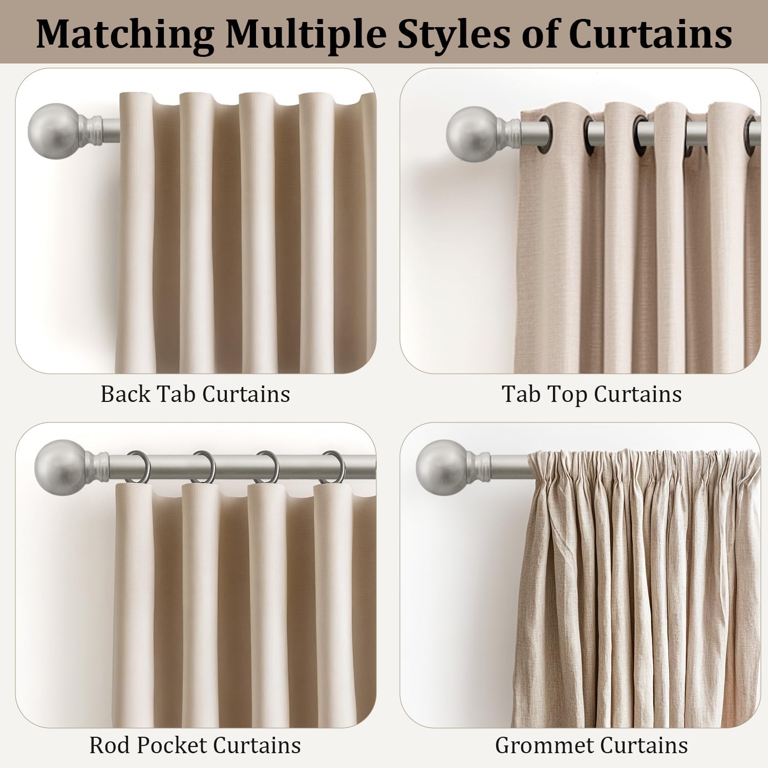 Modern Silver Curtain Rods for Windows 66 to 120 Inches Adjustable Length Heavy Duty 1" Diameter Long Window Curtain Rod with Round Decorative Finials for Bedroom Living Room Kitchen Farmhouse