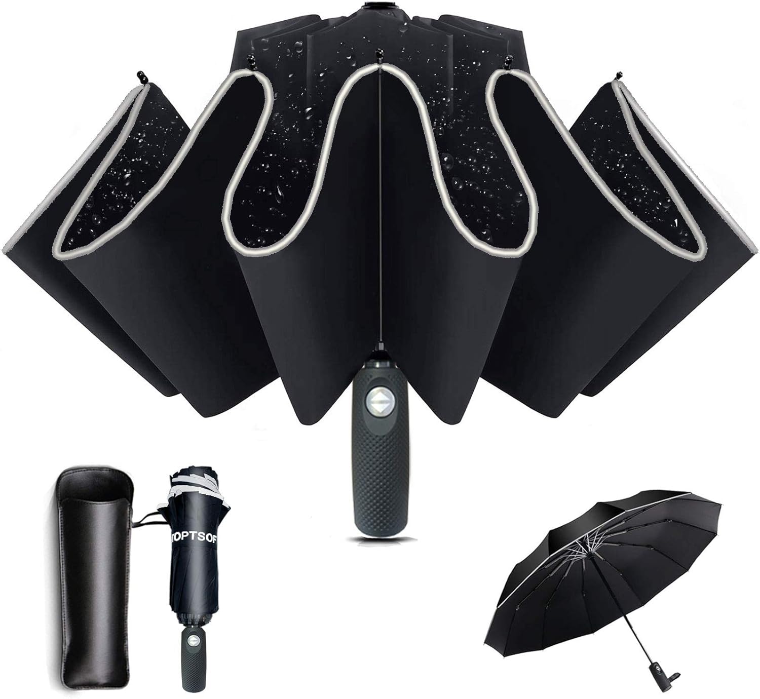 12 Ribs Inverted Umbrella Windproof Travel Umbrella with Teflon Coating and Reflective Stripe, Reverse Auto Folding Umbrella Compact Portable Umbrellas for Women Men