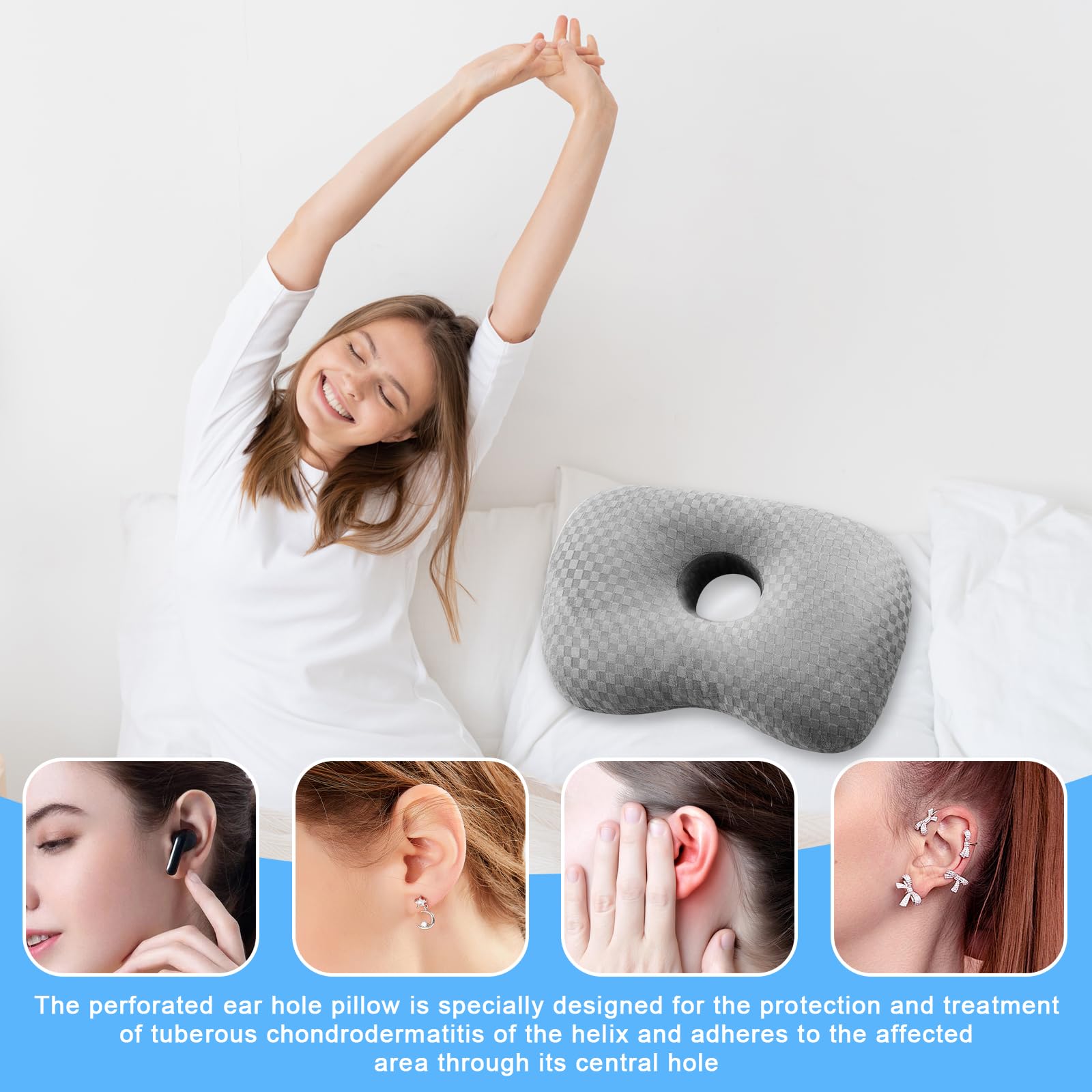 Coussin Piercing Oreille Fraise – 26x32 Cm Oreiller Sieste Bureau Mémoire De Forme, Doux Respirant Avec Trou Pour Dormeurs Latéraux – Femme, Fille, Enfant