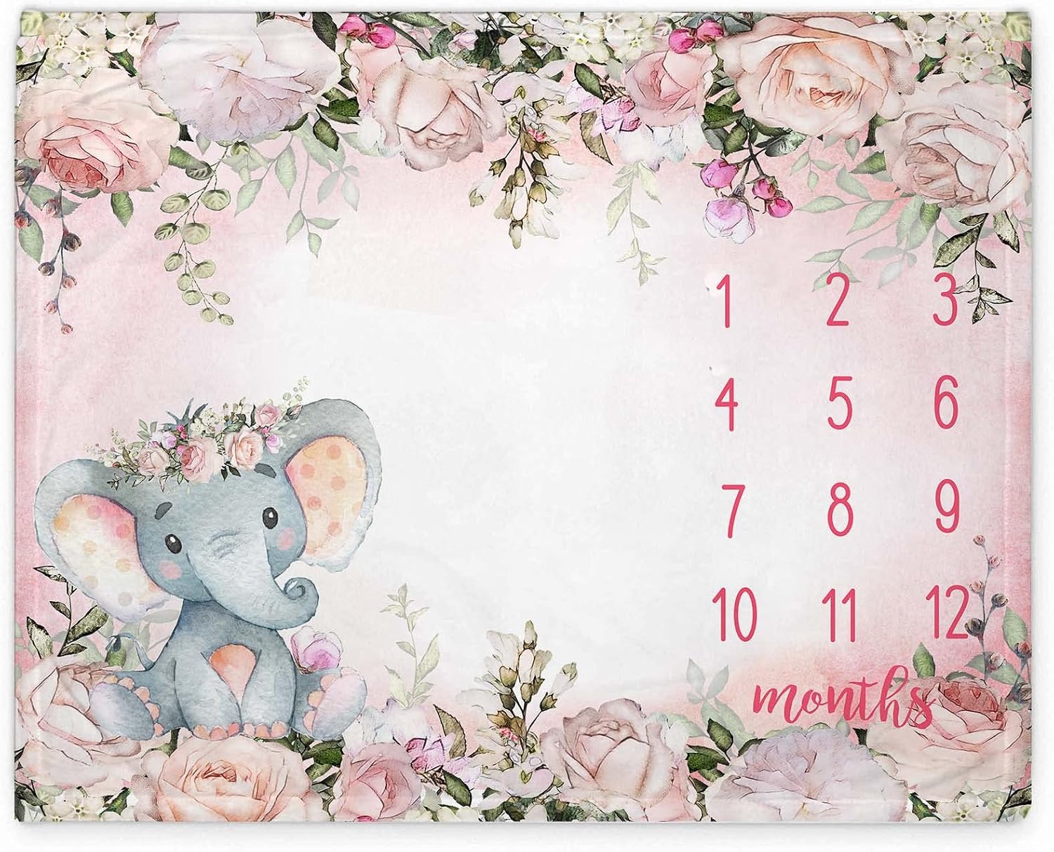 Yuzioey Baby Girl Monthly Milestone Blanket, Floral Elephant Month Blanket for Newborn Baby Shower, Pink Elephant Girl Flower Blanket Growth Chart Monthly Blanket, Includes Marker (50x40)