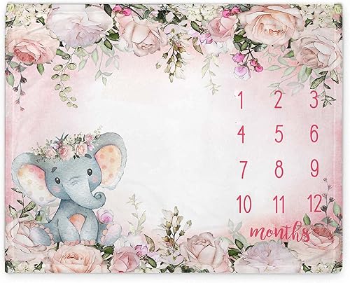Miniatura 2 de Yuzioey - Manta mensual para bebé niña, diseño de elefante floral para baby shower, manta de flores con tabla de crecimiento mensual, incluye