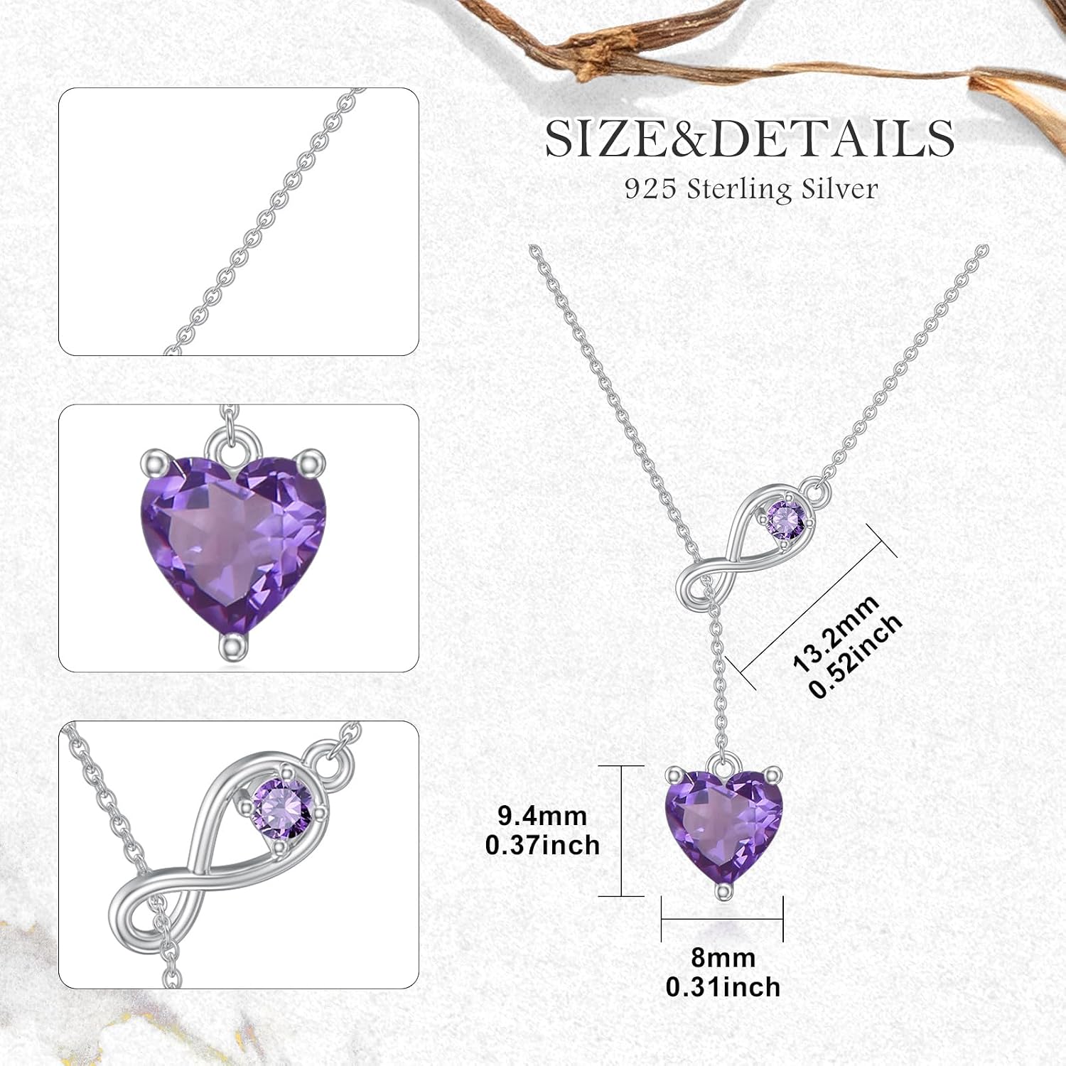 Natural Amethyst Necklace with Heart and Infinity Genuine Amethyst Y Pendant Dainty Jewelry February Birthstones Gift