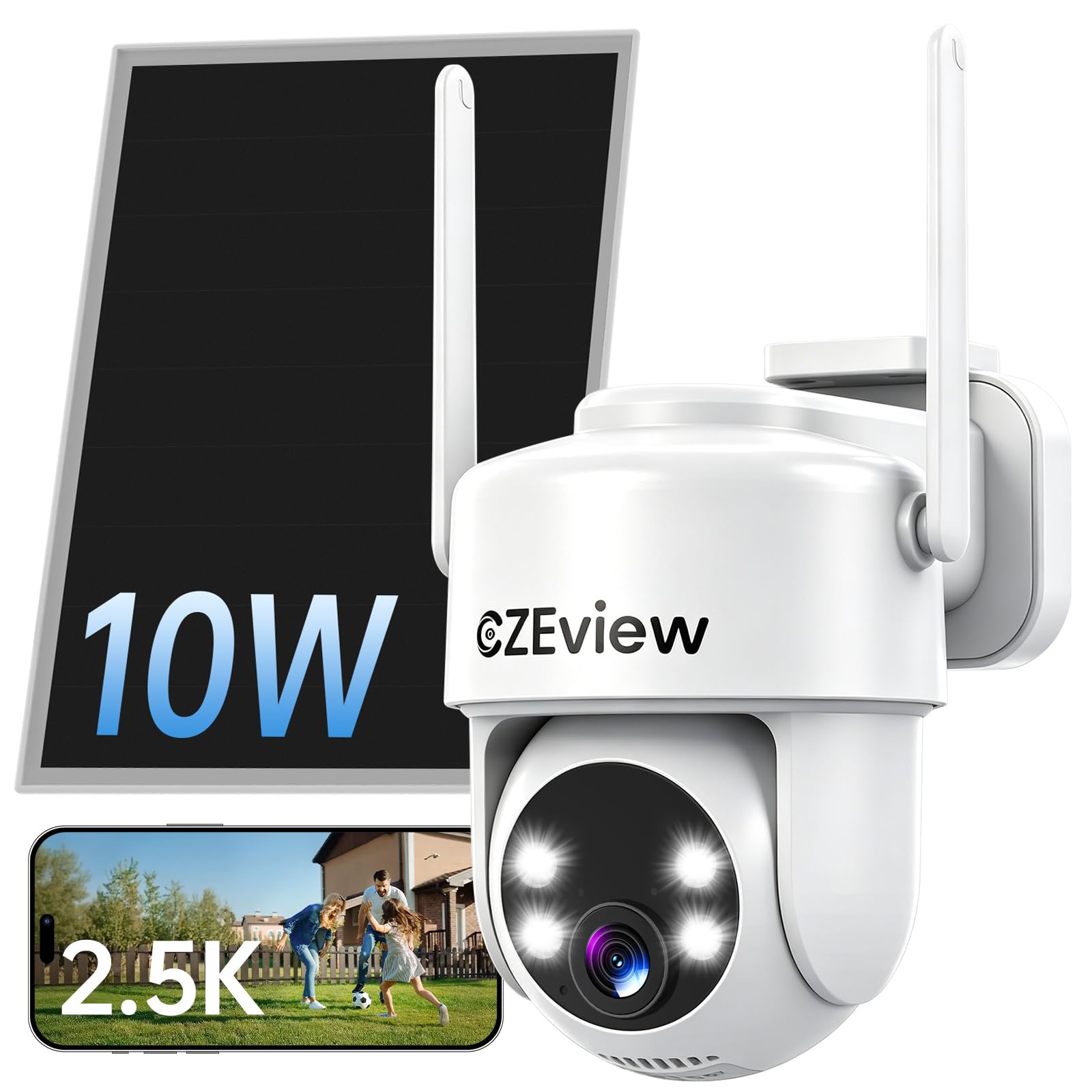 CZEview 10W Caméra Surveillance WiFi Extérieure Solaire sans Fil, AOV | Enregistrement vidéo continu, Suivi de mouvement, détection 30m, vision nocturne, étanche, Détection gratuite par IA