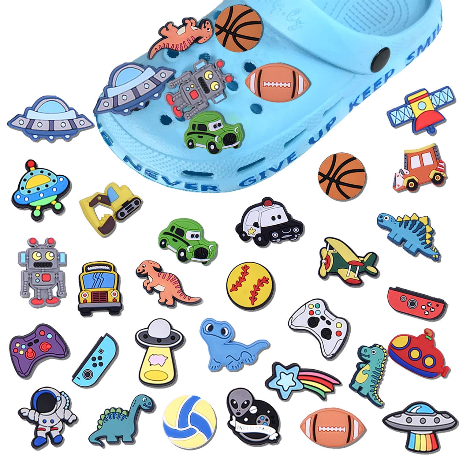 Xelparuc 30 PCS Shoe Decoration Charm, Different Shape Shoe Charms, Decoration for Children’s Day, Birthday, Universe, Dinosaurs, Cars, Balls, for Kids Boys Girls Gifts