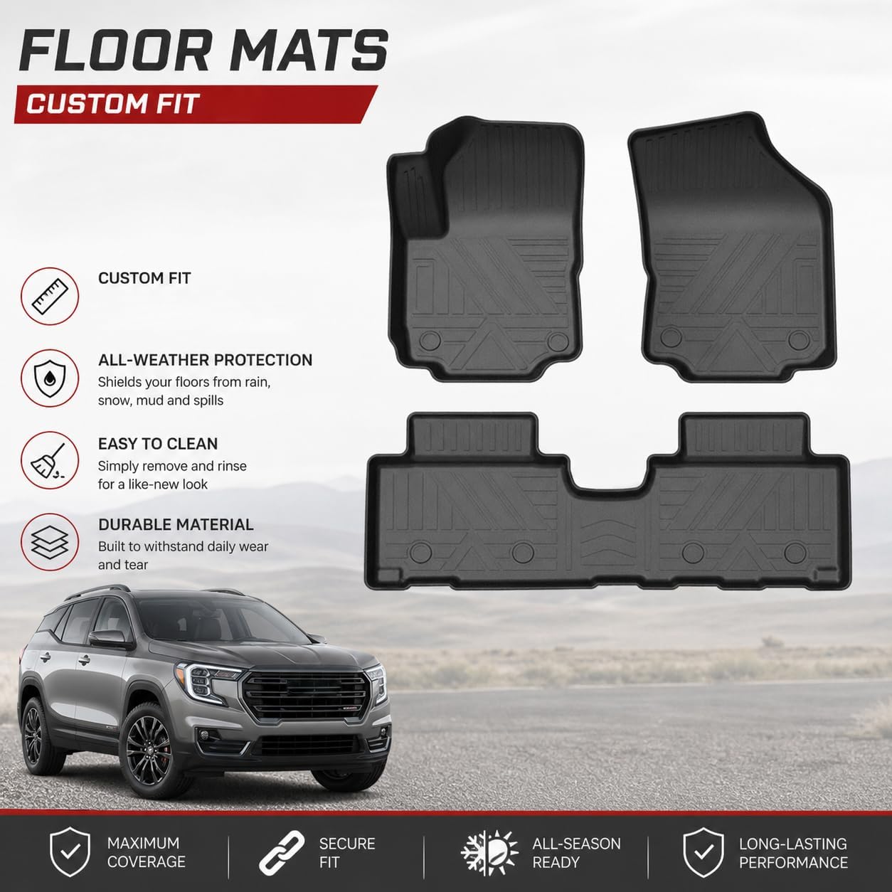 Black Horse Totaliner Heavy Duty Floor Liner Compatible with 2025-2026 GMC Terrain AT4 AWD, Precisely Molded Anti-Skid All-Weather Floor Liner Set, Black-FMGTE24-1