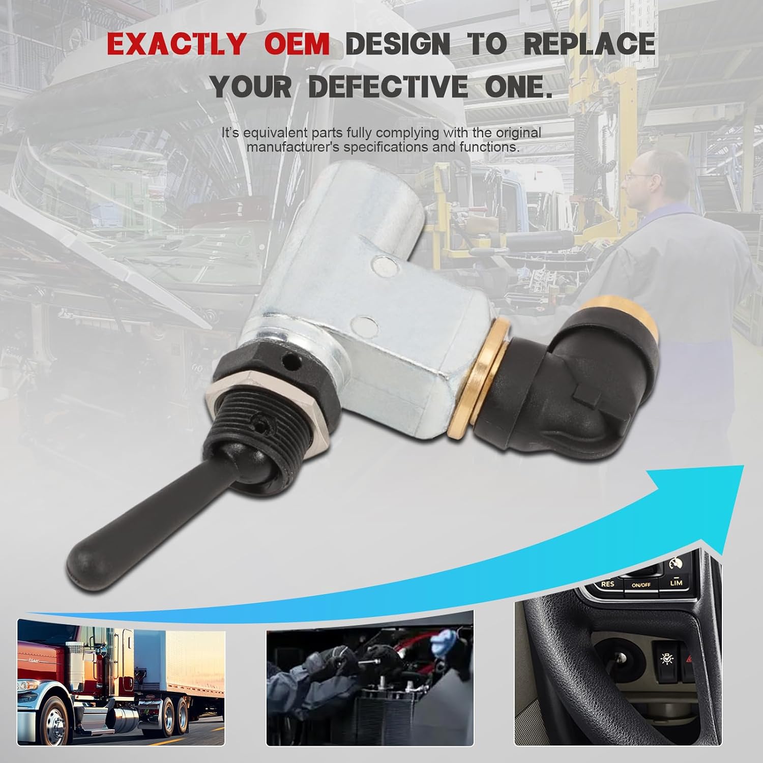 BA14500 Air Toggle Switch, 1/4 in Push-to-Connect, Ref. 08-02445 | For select Peterbilt and Kenworth applications; 2 ports, black toggle; match the original part and dimensions