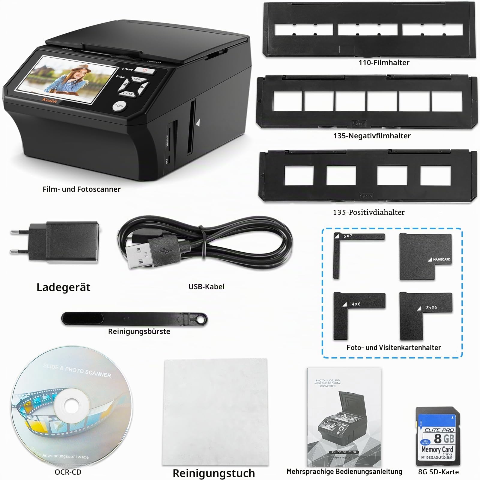 Digitaler Film- und Diascanner 5-Zoll-LCD-Bildschirm 35mm 110mm Film Foto Visitenkarten 22 MP JPEG 8 GB SD-Karte