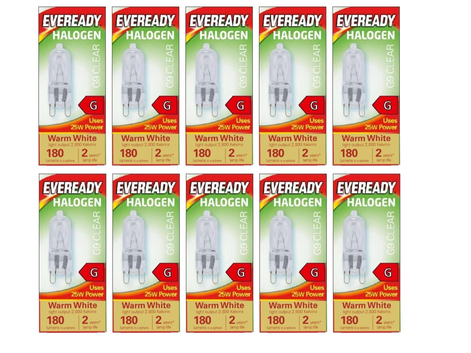 10 x G9 Halogen Light Bulbs 25w EVEREADY Clear, Warm White