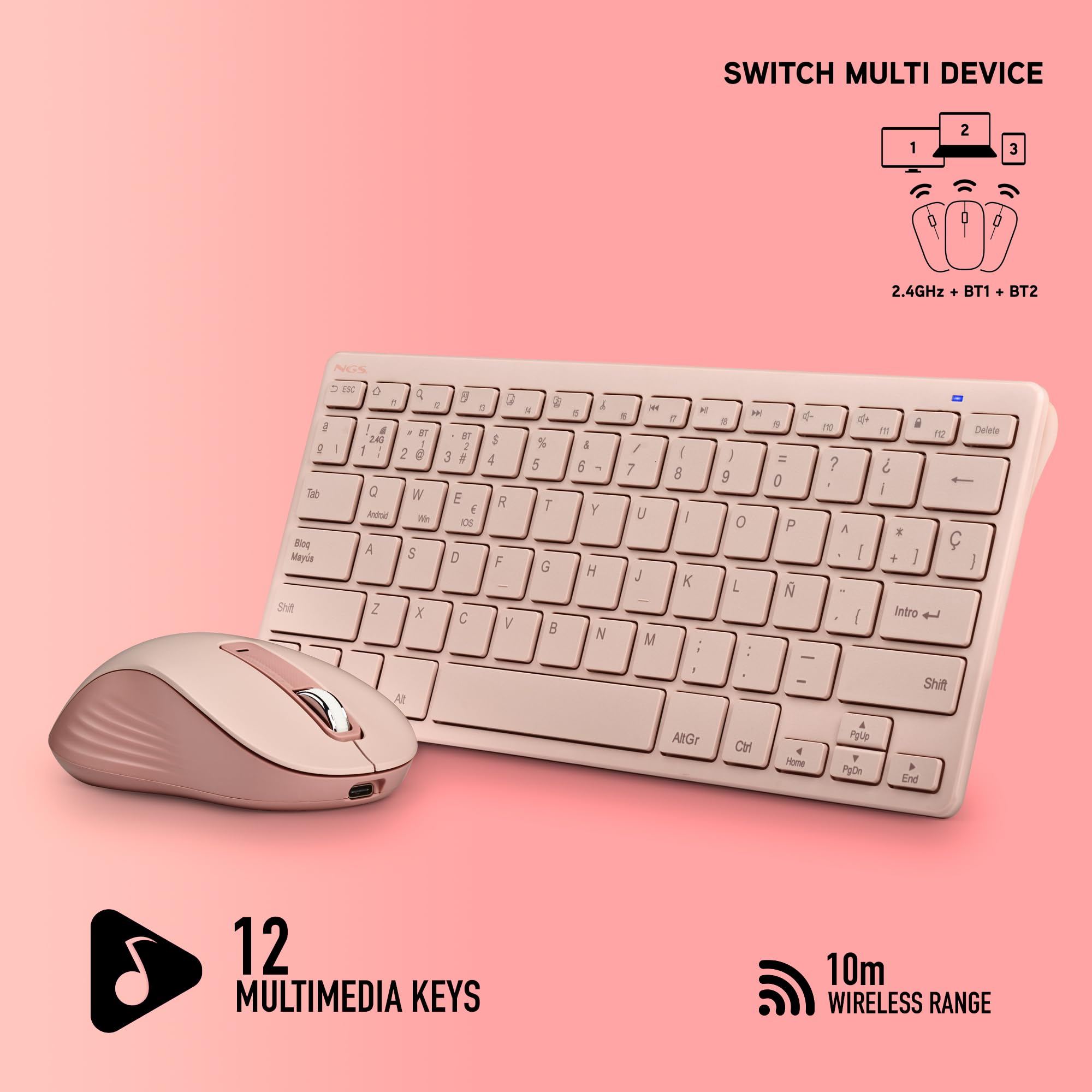 NGS Fantasy Kit Pink – Tastiera e mouse wireless spagnolo QWERTY, silenzioso ricaricabile, multimodalità 2.4 GHz e Bluetooth, 12 tasti multimediali, DPI regolabile, colore rosa