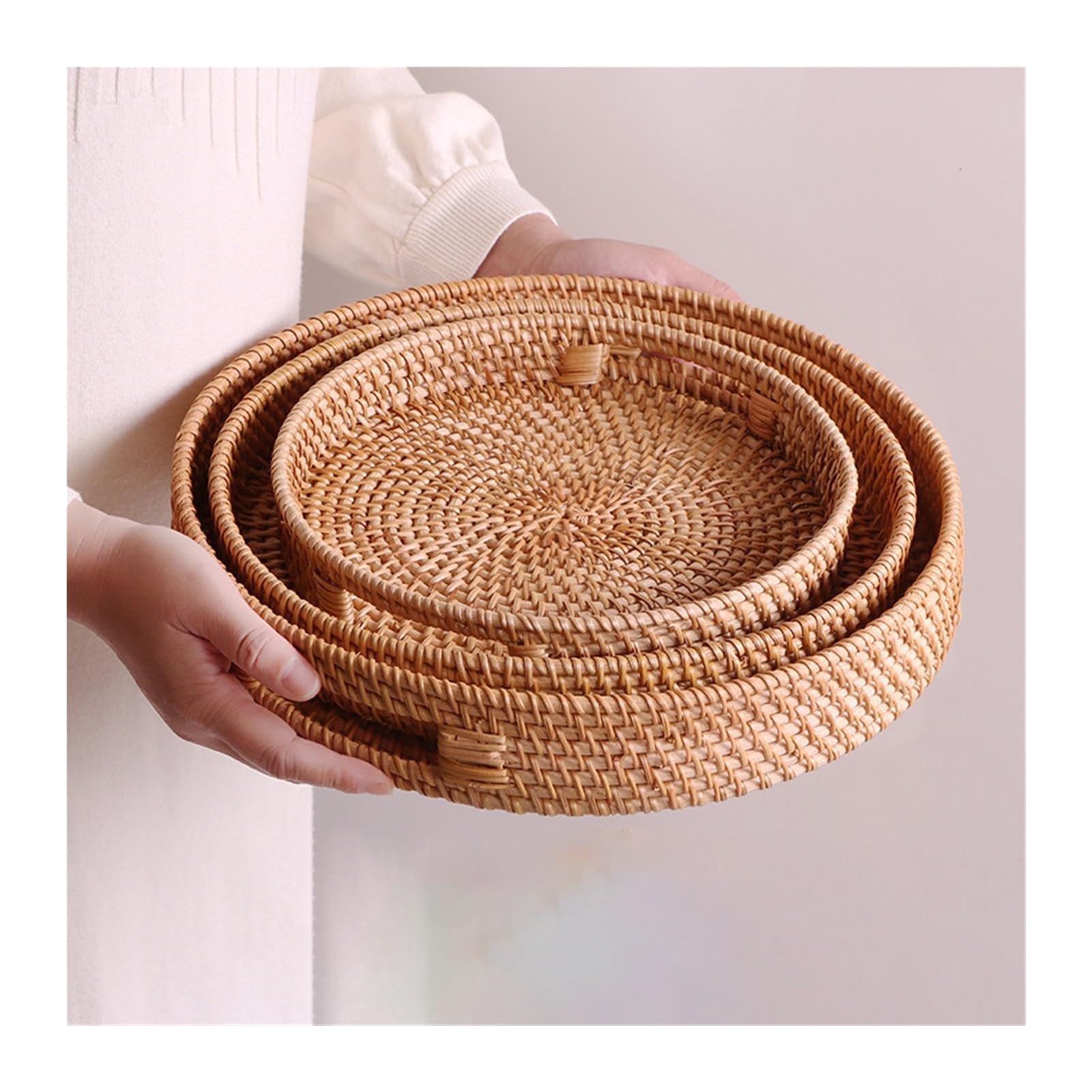 3 Pack Handmade Rattan Bread Baskets Round Rattan Serving Tray with Handles Wicker Fruit Serving Storage Bowls Home Decor Organizer for Breakfast, Tea, Snack, Coffee
