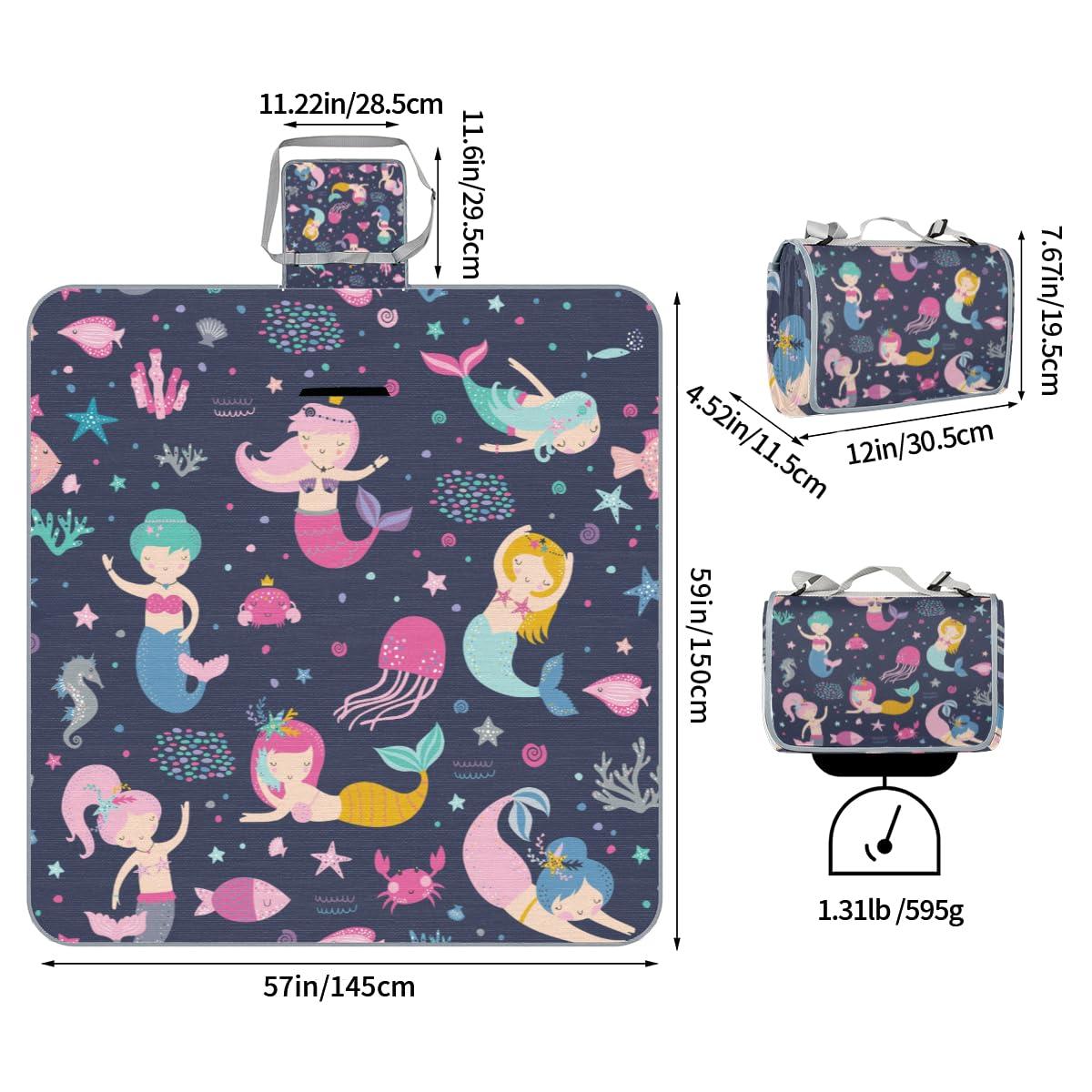 Shimoshe Picnic Blankets 57”x 59”, Ocean Animal Mermaid Patterns Waterproof Sandproof Picnic Mat Lightweight Foldable Beach Blanket for Camping Park Grass Beach Outdoor Blanket