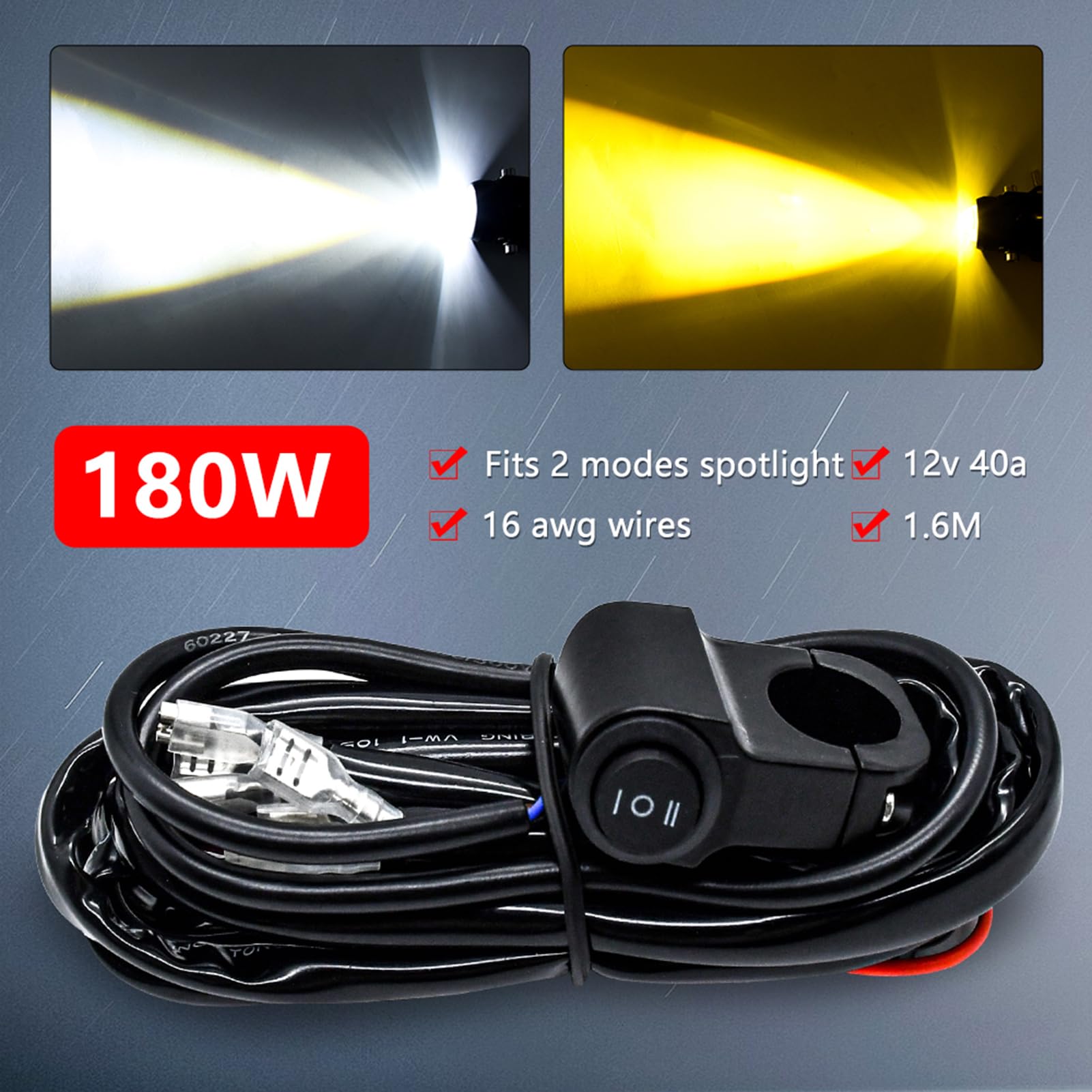 HUIOP Kit Cablaggio per Motocicletta,Kit Cablaggio Barra Luminosa a LED, 180W 3 Cavi 16 AWG LED Cablaggio Moto con relè 12V 40A e Interruttore di Controllo per Passare da Una modalità all'altra